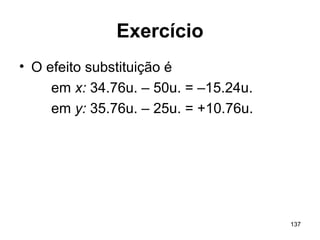 137
Exercício
• O efeito substituição é
em x: 34.76u. – 50u. = –15.24u.
em y: 35.76u. – 25u. = +10.76u.
 