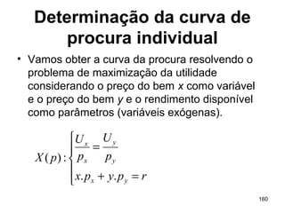 160
Determinação da curva de
procura individual
• Vamos obter a curva da procura resolvendo o
problema de maximização da utilidade
considerando o preço do bem x como variável
e o preço do bem y e o rendimento disponível
como parâmetros (variáveis exógenas).





=+
=
rpypx
p
U
p
U
pX
yx
y
y
x
x
..
:)(
 