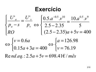 219
Exercício
mêsvaeqnd
v
a
aa
av
va
vava
RO
p
U
sp
U
v
v
a
a
/€41.69855.2:..Re
19.76
98.126
400315.0
6.0
4005)35.25.2(
5
..10
35.25.2
..5.0'' 95.0105.0
=+



=
=
⇔



=+
=
⇔





=+−
=
−⇔





=
−
−
 