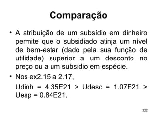 222
Comparação
• A atribuição de um subsídio em dinheiro
permite que o subsidiado atinja um nível
de bem-estar (dado pela sua função de
utilidade) superior a um desconto no
preço ou a um subsídio em espécie.
• Nos ex2.15 a 2.17,
Udinh = 4.35E21 > Udesc = 1.07E21 >
Uesp = 0.84E21.
 