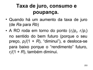 253
Taxa de juro, consumo e
poupança.
• Quando há um aumento da taxa de juro
(de Ra para Rb)
• A RO roda em torno do ponto (r0/p0, r1/p1)
no sentido do bem futuro (porque o seu
preço, p0/(1 + R), “diminui”), e desloca-se
para baixo porque o “rendimento” futuro,
r0/(1 + R), também diminui.
 