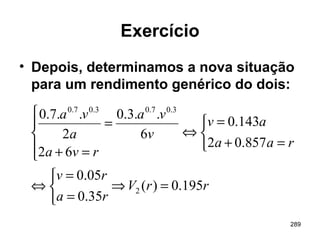 289
Exercício
• Depois, determinamos a nova situação
para um rendimento genérico do dois:
rrV
ra
rv
raa
av
rva
v
va
a
va
195.0)(
35.0
05.0
857.02
143.0
62
6
..3.0
2
..7.0
2
3.07.03.07.0
=⇒



=
=
⇔



=+
=
⇔





=+
=
 