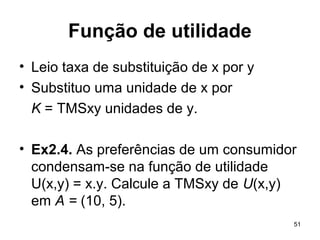 51
Função de utilidade
• Leio taxa de substituição de x por y
• Substituo uma unidade de x por
K = TMSxy unidades de y.
• Ex2.4. As preferências de um consumidor
condensam-se na função de utilidade
U(x,y) = x.y. Calcule a TMSxy de U(x,y)
em A = (10, 5).
 