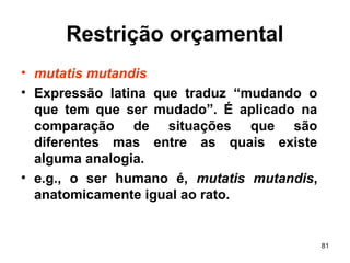 81
Restrição orçamental
• mutatis mutandis
• Expressão latina que traduz “mudando o
que tem que ser mudado”. É aplicado na
comparação de situações que são
diferentes mas entre as quais existe
alguma analogia.
• e.g., o ser humano é, mutatis mutandis,
anatomicamente igual ao rato.
 