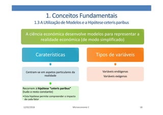 1. Conceitos Fundamentais
1.3AUtilizaçãodeModeloseaHipóteseceterisparibus
12/02/2018 Microeconomia 1 18
Caraterísticas
Caraterísticas
Centram-se em aspetos particulares da
realidade
Recorrem à hipótese “ceteris paribus”
(tudo o resto constante)
•Esta hipótese permite compreender o impacto
de cada fator
Tipos de variáveis
Tipos de variáveis
Variáveis endógenas
Variáveis exógenas
A ciência económica desenvolve modelos para representar a
realidade económica (de modo simplificado)
 