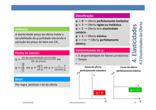 4.
Elasticidades
4.2
Elasticidades
da
Oferta
12/02/2018 Microeconomia 1 47
Definição:
A elasticidade preço da oferta mede a
sensibilidade da quantidade oferecida à
variação do preço do bem em 1%.
Forma de cálculo:
5 =
∆% 6
∆% ç
⟺
5 =
∆
∆ ⟺ 5 =
∆
∆
⟺ 5 =
Sinal:
Por regra, positivo-> lei da oferta
Classificação:
7 = Oferta perfeitamente inelástica
7 < Oferta rígida ou inelástica
7 = Oferta tem elasticidade
unitária
7 > Oferta elástica
7 = +∞ Oferta perfeitamente
elástica
S
P
Q
S
P
Q
Curva da oferta
perfeitamente elástica
Curva da oferta
perfeitamente inelástica
7 =
7 = +∞
Determinantes de 7:
‒ A disponibilidade de fatores produtivos
‒ Tempo
‒ …
 