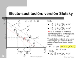 Efecto-sustitución: versión Slutsky
En E1:
 𝑥1
∗
𝑝 𝑥
1 + 𝑦1
∗
𝑝 𝑦 = 𝑀
 𝑥1
∗
𝑝 𝑥
2 + 𝑦1
∗
𝑝 𝑦 = 𝑀′
M’ es la cantidad de renta que
permite comprar la cesta original a
los nuevos precios:
Variación (reducción) en la renta que es
necesaria para que el consumidor se
permita la cesta inicial con los nuevos
precios:
En E3:
 𝑥3
∗
𝑝 𝑥
2 + 𝑦3
∗
𝑝 𝑦 = 𝑀′
Manuel Salas VelascoMicroeconomía. Capítulo 216
*
2U
E1
E2
*
1x *
2x
yp
M
yp
px
2
2
xp
M
ES ER
ET
1
xp
M
y
x
yp
px
1
*
3x
*
1U
0
*
3U
E3
1
xp<
2
xp yp M
*
1y
*
2y
*
3y
MM 
MMM  )( 12*
1 xx ppxM 
MMM 
 