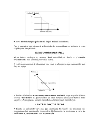 Produto X (Feijão)

                    30


                    15



                                    15        30
                                    Produto Y (carne)




A curva da indiferença dependerá das opções de cada consumidor.

Para o mercado o que interessa é a disposição dos consumidores em aceitarem o preço
exigido pelos seus produtos.

                           RESTRIÇÃO ORÇAMENTÁRIA

Vários fatores restringem o consumo: Saúde;tempo;idade;etc. Porém é a restrição
orçamentária a mais comum e passível de análise.

A restrição orçamentária é influenciada pela renda e pelos preços que o consumidor está
disposto a pagar.

                     Produto A

                         50



                                     Restrição orçamentária



                                 Produto B      50


A Renda é distinta em: Renda monetária ou renda nominal é o que se ganha (Contra-
cheque) e Renda Real é a potencialidade da renda monetária em adquirir bens (o poder
aquisitivo). Nem sempre o aumento na renda monetária repercute na renda real.

                           A ESCOLHA DO CONSUMIDOR

A Escolha do consumidor será dada pela quantidade de produtos que maximize suas
necessidades dada sua restrição orçamentária. Graficamente é o ponto onde a curva da
indiferença se encontra com a reta orçamentária.
 