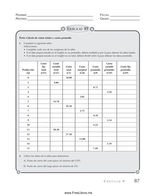 NOMBRE __________________________________________ FECHA ___________________
MATERIA __________________________________________ GRUPO ___________________
C A P Í T U L O 9 87
EJERCICIO 49
1. Complete la siguiente tabla.
Indicaciones:
• Complete cada uno de los renglones de la tabla.
• Si el dato proporcionado en el renglón es un promedio, deberá multiplicar por Q para obtener los datos totales.
• Si el dato proporcionado en el renglón es un total, deberá dividir entre Q para obtener los datos promedio.
2. Utilice los datos de la tabla para determinar:
A) Punto de cierre del corto plazo (el mínimo del CVP).
B) Punto de cierre del largo plazo (el mínimo de CP).
TEMA: Cálculo de costos totales y costos promedio
Costo Costo Costo
fijo variable Costo Costo Costo variable Costo fijo
Producción total total total marginal promedio promedio promedio
(Q) (CFT) (CVT) (CT) (CM) (CP) (CVP) (CFP)
0 10.00
1 4.00
2 8.75
3 3.58
4 3.05
5 16.70
6 29.50
7 2.75
8 4.39
9 3.14
10 4.23
11 38.30
12 57.30
13 13.00
14 5.59
15 7.49
www.FreeLibros.me
 