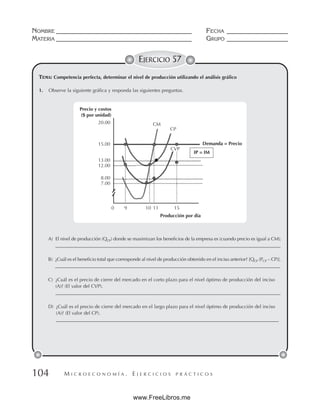 M I C R O E C O N O M Í A . E J E R C I C I O S P R Á C T I C O S
NOMBRE __________________________________________ FECHA ___________________
MATERIA __________________________________________ GRUPO ___________________
104
EJERCICIO 57
1. Observe la siguiente gráfica y responda las siguientes preguntas.
A) El nivel de producción (QCP) donde se maximizan los beneficios de la empresa es (cuando precio es igual a CM):
_____________________________________________________________________________________________
B) ¿Cuál es el beneficio total que corresponde al nivel de producción obtenido en el inciso anterior? [QCP (PCP – CP)].
_____________________________________________________________________________________________
C) ¿Cuál es el precio de cierre del mercado en el corto plazo para el nivel óptimo de producción del inciso
(A)? (El valor del CVP).
_____________________________________________________________________________________________
D) ¿Cuál es el precio de cierre del mercado en el largo plazo para el nivel óptimo de producción del inciso
(A)? (El valor del CP).
____________________________________________________________________________________________
TEMA: Competencia perfecta, determinar el nivel de producción utilizando el análisis gráfico
CM
CP
CVP
7.00
20.00
15.00
13.00
12.00
8.00
0 15
11
10
9
Producción por día
Demanda = Precio
IP = IM
Precio y costos
($ por unidad)
www.FreeLibros.me
 