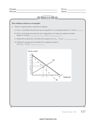NOMBRE __________________________________________ FECHA ___________________
MATERIA __________________________________________ GRUPO ___________________
C A P Í T U L O 1 1 117
EJERCICIO 65
1. Observe la siguiente gráfica y determine lo siguiente:
A) Precio y nivel óptimo de producción que correspondería a un monopolio (donde IM = CM) Q*m = _______
B) Precio y nivel óptimo de producción que correspondería si se tratara de competencia perfecta
(donde D = CM) Q*cp = __________________ P*cp = __________________
C) Pérdida del excedente del consumidor del monopolio [Q*m (Pmáx – P*m)]/2 = __________________
D) Pérdida del excedente del consumidor de la competencia perfecta
[Q*cp (Pmáx – P*cp)]/2 = __________________
TEMA: Pérdida de eficiencia en el monopolio
Producción
D
IM
CM
8 9
4
6
8
10
12
14
16
18
20
22
24
Precio y costos
www.FreeLibros.me
 