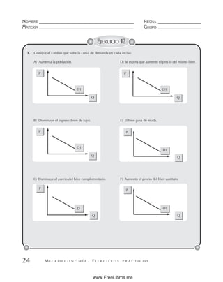 M I C R O E C O N O M Í A . E J E R C I C I O S P R Á C T I C O S
NOMBRE __________________________________________ FECHA ___________________
MATERIA __________________________________________ GRUPO ___________________
24
EJERCICIO 12
A) Aumenta la población.
B) Disminuye el ingreso (bien de lujo).
C) Disminuye el precio del bien complementario.
D) Se espera que aumente el precio del mismo bien.
E) El bien pasa de moda.
F) Aumenta el precio del bien sustituto.
P
Q
D1
P
Q
D1
P
Q
D1
P
Q
D1
P
Q
D1
P
Q
D
1. Grafique el cambio que sufre la curva de demanda en cada inciso:
www.FreeLibros.me
 
