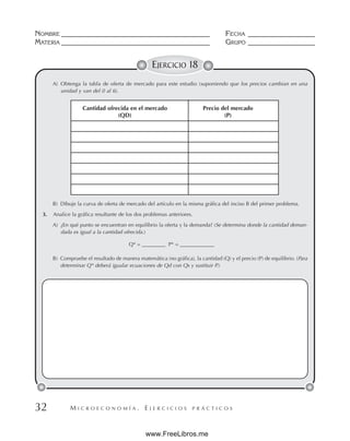 M I C R O E C O N O M Í A . E J E R C I C I O S P R Á C T I C O S
NOMBRE __________________________________________ FECHA ___________________
MATERIA __________________________________________ GRUPO ___________________
32
EJERCICIO 18
A) Obtenga la tabla de oferta de mercado para este estudio (suponiendo que los precios cambian en una
unidad y van del 0 al 6).
B) Dibuje la curva de oferta de mercado del artículo en la misma gráfica del inciso B del primer problema.
3. Analice la gráfica resultante de los dos problemas anteriores.
A) ¿En qué punto se encuentran en equilibrio la oferta y la demanda? (Se determina donde la cantidad deman-
dada es igual a la cantidad ofrecida.)
Q* = _________ P* = _____________
B) Compruebe el resultado de manera matemática (no gráfica), la cantidad (Q) y el precio (P) de equilibrio. (Para
determinar Q* deberá igualar ecuaciones de Qd con Qs y sustituir P.)
Cantidad ofrecida en el mercado Precio del mercado
(QD) (P)
www.FreeLibros.me
 