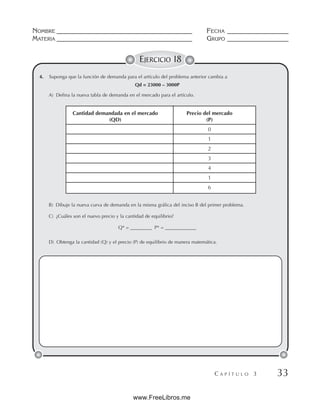 NOMBRE __________________________________________ FECHA ___________________
MATERIA __________________________________________ GRUPO ___________________
C A P Í T U L O 3 33
EJERCICIO 18
4. Suponga que la función de demanda para el artículo del problema anterior cambia a
Qd = 23000 – 3000P
A) Defina la nueva tabla de demanda en el mercado para el artículo.
B) Dibuje la nueva curva de demanda en la misma gráfica del inciso B del primer problema.
C) ¿Cuáles son el nuevo precio y la cantidad de equilibrio?
Q* = _________ P* = _____________
D) Obtenga la cantidad (Q) y el precio (P) de equilibrio de manera matemática.
Cantidad demandada en el mercado Precio del mercado
(QD) (P)
0
1
2
3
4
1
6
www.FreeLibros.me
 