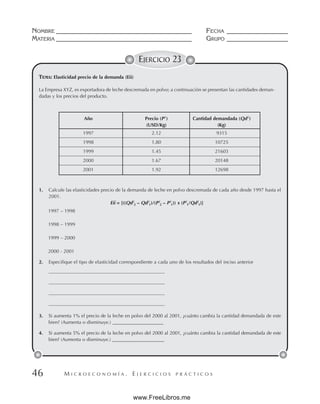 M I C R O E C O N O M Í A . E J E R C I C I O S P R Á C T I C O S
NOMBRE __________________________________________ FECHA ___________________
MATERIA __________________________________________ GRUPO ___________________
46
EJERCICIO 23
TEMA: Elasticidad precio de la demanda (Eii)
La Empresa XYZ, es exportadora de leche descremada en polvo; a continuación se presentan las cantidades deman-
dadas y los precios del producto.
1. Calcule las elasticidades precio de la demanda de leche en polvo descremada de cada año desde 1997 hasta el
2001.
Eii = [((Qdi
2 – Qdi
1)/(Pi
2 – Pi
1)) x (Pi
1/Qdi
1)]
1997 – 1998
1998 – 1999
1999 – 2000
2000 - 2001
2. Especifique el tipo de elasticidad correspondiente a cada uno de los resultados del inciso anterior
————————————————————————
————————————————————————
————————————————————————
————————————————————————
3. Si aumenta 1% el precio de la leche en polvo del 2000 al 2001, ¿cuánto cambia la cantidad demandada de este
bien? (Aumenta o disminuye.) _____________________
4. Si aumenta 5% el precio de la leche en polvo del 2000 al 2001, ¿cuánto cambia la cantidad demandada de este
bien? (Aumenta o disminuye.) ______________________
Año Precio (Pi
) Cantidad demandada (Qdi
)
(USD/Kg) (Kg)
1997 2.12 9315
1998 1.80 10725
1999 1.45 21603
2000 1.67 20148
2001 1.92 12698
www.FreeLibros.me
 