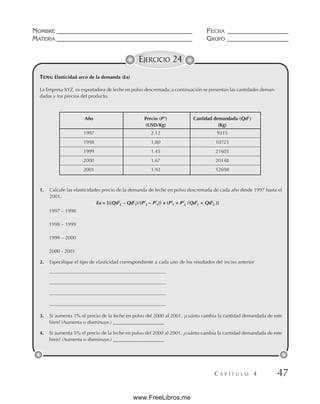 NOMBRE __________________________________________ FECHA ___________________
MATERIA __________________________________________ GRUPO ___________________
C A P Í T U L O 4 47
EJERCICIO 24
TEMA: Elasticidad arco de la demanda (Ea)
La Empresa XYZ, es exportadora de leche en polvo descremada; a continuación se presentan las cantidades deman-
dadas y los precios del producto.
1. Calcule las elasticidades precio de la demanda de leche en polvo descremada de cada año desde 1997 hasta el
2001.
Ea = [((Qdi
2 – Qdi
1)/(Pi
2 – Pi
1)) x (Pi
1 + Pi
2 /Qdi
1 + Qdi
2 )]
1997 – 1998
1998 – 1999
1999 – 2000
2000 - 2001
2. Especifique el tipo de elasticidad correspondiente a cada uno de los resultados del inciso anterior
————————————————————————
————————————————————————
————————————————————————
————————————————————————
3. Si aumenta 1% el precio de la leche en polvo del 2000 al 2001, ¿cuánto cambia la cantidad demandada de este
bien? (Aumenta o disminuye.) _____________________
4. Si aumenta 5% el precio de la leche en polvo del 2000 al 2001, ¿cuánto cambia la cantidad demandada de este
bien? (Aumenta o disminuye.) _____________________
Año Precio (Pi
) Cantidad demandada (Qdi
)
(USD/Kg) (Kg)
1997 2.12 9315
1998 1.80 10725
1999 1.45 21603
2000 1.67 20148
2001 1.92 12698
www.FreeLibros.me
 
