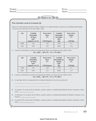 NOMBRE __________________________________________ FECHA ___________________
MATERIA __________________________________________ GRUPO ___________________
C A P Í T U L O 4 49
EJERCICIO 26
TEMA: Elasticidad cruzada de la demanda (Eij)
Existen en el mercado dos productos, flanes y helados. En la siguiente tabla se muestran las cantidades demandadas
y los precios de cada bien en los años 2000 y 2001.
Año Cantidad Precio de los Cantidad Precio de los
demandada flanes demandada helados
de flanes (Pi
) de helados (Pj
)
(Qdi
) (Qdj
)
(paquete con 10) (USD/Paquete) (Kg) (USD/Kg)
2000 726 1.82 4199 3.17
2001 1091 1.82 4088 3.50
1. Calcule la elasticidad cruzada de la demanda de flanes con helados del año 2000 al 2001.
Eij = [((Qdi
2 – Qdi
1)/(Pj
2 – Pj
1)) x (Pj
1/Qdi
1)]
Año Cantidad Precio de los Cantidad Precio de los
demandada flanes demandada de helados
de flanes (Pi
) helados (Pj
)
(Qdi
) (Qdj
)
(paquete con 10) (USD/Paquete) (Kg) (USD/Kg)
2000 726 1.82 4199 3.17
2001 1091 1.67 4088 3.17
2. Calcule la elasticidad cruzada de la demanda de helados con flanes del año 2000 al 2001.
Eij = [((Qd i
2 – Qd i
1)/(P j
2 – P j
1)) x (P j
1/Qd i
1)]
3. ¿A qué tipo de bien corresponden los resultados obtenidos en los incisos anteriores?
————————————————————————
————————————————————————
4. Si aumenta 1% el precio de los helados, ¿cuánto cambia la cantidad demandada de flanes? (Aumenta o dismi-
nuye.) _____________________
5. Si disminuye 1% el precio de los flanes, ¿cuánto cambia la cantidad demandada de helados? (Aumenta o dis-
minuye.) _____________________
6. Si aumenta 8% el precio de los helados, ¿cuánto cambia la cantidad demandada de flanes? (Aumenta o dismi-
nuye.) _____________________
www.FreeLibros.me
 