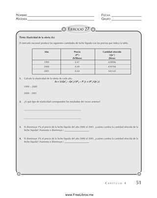 NOMBRE __________________________________________ FECHA ___________________
MATERIA __________________________________________ GRUPO ___________________
C A P Í T U L O 4 51
EJERCICIO 27
TEMA: Elasticidad de la oferta (Es)
El mercado nacional produce las siguientes cantidades de leche líquida con los precios que indica la tabla.
1. Calcule la elasticidad de la oferta de cada año.
Es = [((Qs i
2 – Qs i
1)/(P i
2 – P i
1)) x (P i
1/Qs i
1)]
1999 – 2000
2000 - 2001
2. ¿A qué tipo de elasticidad corresponden los resultados del inciso anterior?
————————————————————————
————————————————————————
3. Si disminuye 1% el precio de la leche líquida del año 2000 al 2001, ¿cuánto cambia la cantidad ofrecida de la
leche líquida? (Aumenta o disminuye.) _____________________
4. Si disminuye 3% el precio de la leche líquida del año 2000 al 2001, ¿cuánto cambia la cantidad ofrecida de la
leche líquida? (Aumenta o disminuye.) _____________________
Año Precio Cantidad ofrecida
(P i
) (Qs i
)
($/libros) (litros)
1999 0.47 428996
2000 0.49 430784
2001 0.44 342142
www.FreeLibros.me
 