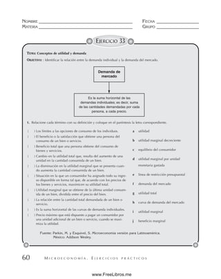 M I C R O E C O N O M Í A . E J E R C I C I O S P R Á C T I C O S
NOMBRE __________________________________________ FECHA ___________________
MATERIA __________________________________________ GRUPO ___________________
60
EJERCICIO 33
TEMA: Conceptos de utilidad y demanda
OBJETIVO: : Identificar la relación entre la demanda individual y la demanda del mercado.
Demanda de
mercado
Es la suma horizontal de las
demandas individuales; es decir, suma
de las cantidades demandadas por cada
persona, a cada precio.
1. Relacione cada término con su definición y coloque en el paréntesis la letra correspondiente.
( ) Los límites a las opciones de consumo de los individuos.
( ) El beneficio o la satisfacción que obtiene una persona del
consumo de un bien o servicio.
( ) Beneficio total que una persona obtiene del consumo de
bienes y servicios.
( ) Cambio en la utilidad total que, resulta del aumento de una
unidad en la cantidad consumida de un bien.
( ) La disminución en la utilidad marginal que se presenta cuan-
do aumenta la cantidad consumida de un bien.
( ) Situación en la que un consumidor ha asignado todo su ingre-
so disponible en forma tal que, de acuerdo con los precios de
los bienes y servicios, maximicen su utilidad total.
( ) Utilidad marginal que se obtiene de la última unidad consum-
ida de un bien, dividida entre el precio del bien.
( ) La relación entre la cantidad total demandada de un bien o
servicio.
( ) Es la suma horizontal de las curvas de demanda individuales.
( ) Precio máximo que está dispuesto a pagar un consumidor por
una unidad adicional de un bien o servicio, cuando se maxi-
miza la utilidad.
a utilidad
b utilidad marginal decreciente
c equilibrio del consumidor
d utilidad marginal por unidad
monetaria gastada
e línea de restricción presupuestal
f demanda del mercado
g utilidad total
h curva de demanda del mercado
i utilidad marginal
j beneficio marginal
Fuente: Parkin, M. y Esquivel, S. Microeconomía versión para Latinoamérica.
México: Addison Wesley.
www.FreeLibros.me
 
