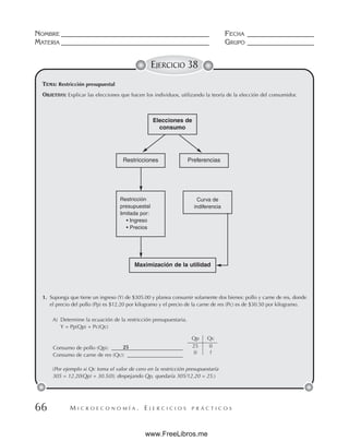 M I C R O E C O N O M Í A . E J E R C I C I O S P R Á C T I C O S
NOMBRE __________________________________________ FECHA ___________________
MATERIA __________________________________________ GRUPO ___________________
66
EJERCICIO 38
TEMA: Restricción presupuestal
OBJETIVO: Explicar las elecciones que hacen los individuos, utilizando la teoría de la elección del consumidor.
Elecciones de
consumo
Maximización de la utilidad
Restricción
presupuestal
limitada por:
• Ingreso
• Precios
Curva de
indiferencia
1. Suponga que tiene un ingreso (Y) de $305.00 y planea consumir solamente dos bienes: pollo y carne de res, donde
el precio del pollo (Pp) es $12.20 por kilogramo y el precio de la carne de res (Pc) es de $30.50 por kilogramo.
A) Determine la ecuación de la restricción presupuestaria.
Y = Pp(Qp) + Pc(Qc)
25
Consumo de pollo (Qp): ___________________________
Consumo de carne de res (Qc): _____________________
(Por ejemplo si Qc toma el valor de cero en la restricción presupuestaría
305 = 12.20(Qp) + 30.5(0); despejando Qp, quedaría 305/12.20 = 25.)
Restricciones Preferencias
Qp Qc
25 0
0 ?
www.FreeLibros.me
 