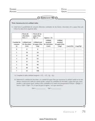 NOMBRE __________________________________________ FECHA ___________________
MATERIA __________________________________________ GRUPO ___________________
C A P Í T U L O 7 71
EJERCICIO 40
TEMA: Maximización de la utilidad (tabla)
1. Usted tiene la posibilidad de consumir diferentes cantidades de dos bienes, chocolates (ch) y papas fritas (pf).
Utilice los datos de la siguiente tabla:
A) Complete la tabla (utilidad marginal = UT2 – UT1 / Q2 – Q1).
B) Determine la cantidad de chocolates y la cantidad de papas fritas que maximizan la utilidad (señale en las dos
últimas columnas de la tabla los valores iguales, coloque las cantidades de chocolates y papas fritas que corres-
ponden a cada número igual, sustituya estas cantidades en la restricción presupuestaria PchQch + PpfQpf = Y
esto es, 1Qch + 2Qpf = 14 y la que da igual al ingreso, es la que maximiza.)
Qch = _____________ Qpf = _____________
Precio de Precio de las
chocolates papas fritas
Pch = 1 Ppf = 2 Ingreso = 14
Utilidad Utilidad
Cantidad de Utilidad total Utilidad total marginal marginal
consumo de chocolates de papas fritas de chocolates de papas fritas
Q Utch Utpf Umch Umpf Umch/Pch Umpf/Ppf
0 0 0 ————— ————— ————— —————
1 10 24
2 18 44
3 25 62
4 31 78
5 36 90
6 40 96
7 43 100
www.FreeLibros.me
 