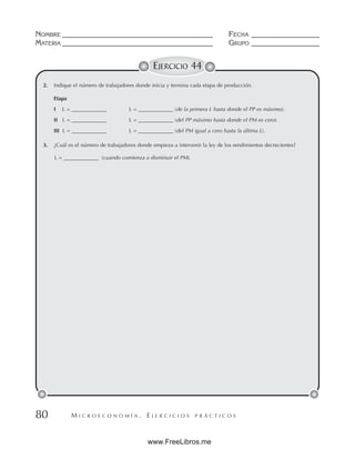 M I C R O E C O N O M Í A . E J E R C I C I O S P R Á C T I C O S
NOMBRE __________________________________________ FECHA ___________________
MATERIA __________________________________________ GRUPO ___________________
80
EJERCICIO 44
2. Indique el número de trabajadores donde inicia y termina cada etapa de producción.
Etapa
I L = _____________ L = _____________ (de la primera L hasta donde el PP es máximo).
II L = _____________ L = _____________ (del PP máximo hasta donde el PM es cero).
III L = _____________ L = _____________ (del PM igual a cero hasta la última L).
3. ¿Cuál es el número de trabajadores donde empieza a intervenir la ley de los rendimientos decrecientes?
L = _____________ (cuando comienza a disminuir el PM).
www.FreeLibros.me
 