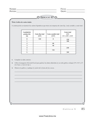 NOMBRE __________________________________________ FECHA ___________________
MATERIA __________________________________________ GRUPO ___________________
C A P Í T U L O 9 85
EJERCICIO 47
A continuación se muestran los valores hipotéticos que tiene una empresa de costo fijo, costo variable y costo total.
1. Complete la tabla anterior.
2. Utilice el programa Microsoft Excel para graficar los datos obtenidos en un sólo gráfico coloque CFT, CVT y CT
en el eje y y Q en el eje x.
3. Observe la gráfica y explique la razón de la forma de las curvas.
_______________________________________________________________________________________________
_______________________________________________________________________________________________
_______________________________________________________________________________________________
_______________________________________________________________________________________________
TEMA: Gráfica de costos totales
Cantidad de Costo total
producción Costo fijo total Costo variable total (CT)
(Q) (CFT) (CVT) CT = CFT + CVT
0 120 0 120
1 180
2 80
3 90
4 230
5 150
6 360
www.FreeLibros.me
 