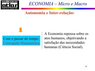 ECONOMIA – Micro e Macro
36
Autonomia e Inter-relação:
Com o passar do tempo:
Concepção Humanística
A Economia repousa sobre os
atos humanos, objetivando a
satisfação das necessidades
humanas (Ciência Social).
 