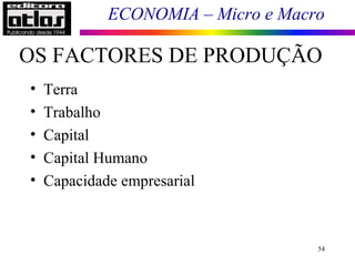 ECONOMIA – Micro e Macro
OS FACTORES DE PRODUÇÃO
54
• Terra
• Trabalho
• Capital
• Capital Humano
• Capacidade empresarial
 
