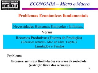 ECONOMIA – Micro e Macro
6
Problemas Económicos fundamentais
Necessidades Humanas: Ilimitadas / Infinitas.
Recursos Produtivos (Fatores de Produção)
(Recursos naturais, Mão de Obra, Capital)
Limitados e Finitos
Problema
Escassez: natureza limitada dos recursos da sociedade.
(restrição física dos recursos)
Versus
 