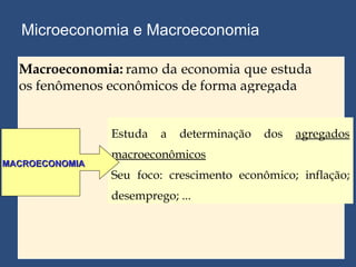 Microeconomia e Macroeconomia Estuda a determinação dos  agregados macroeconômicos Seu foco: crescimento econômico; inflação; desemprego; ... MACROECONOMIA Macroeconomia: ramo da economia que estuda os fenômenos econômicos de forma agregada 
