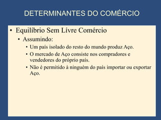 DETERMINANTES DO COMÉRCIO Equilíbrio Sem Lívre Comércio Assumindo: Um país isolado do resto do mundo produz Aço. O mercado de Aço consiste nos compradores e vendedores do próprio país.  Não é permitido à ninguém do país importar ou exportar Aço. 