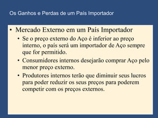 Os Ganhos e Perdas de um País Importador  Mercado Externo em um País Importador Se o preço externo do Aço é inferior ao preço interno, o país será um importador de Aço sempre que for permitido. Consumidores internos desejarão comprar Aço pelo menor preço externo. Produtores internos terão que diminuir seus lucros para poder reduzir os seus preços para poderem competir com os preços externos. 