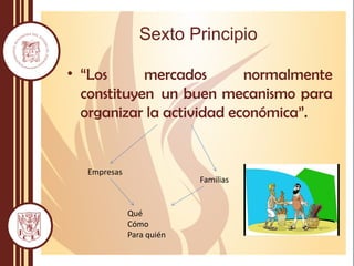 Sexto Principio
• “Los mercados normalmente
constituyen un buen mecanismo para
organizar la actividad económica”.
Empresas
Familias
Qué
Cómo
Para quién
 