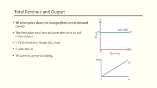 Total Revenue and Output
 TR when price does not change.(Horizontal demand
curve)
 The firm does not have to lower the price to sell
more output.
 If PED=Perfectly Elastic DD, then
 P=AR=MR=D
 TR curve is upward sloping.
 