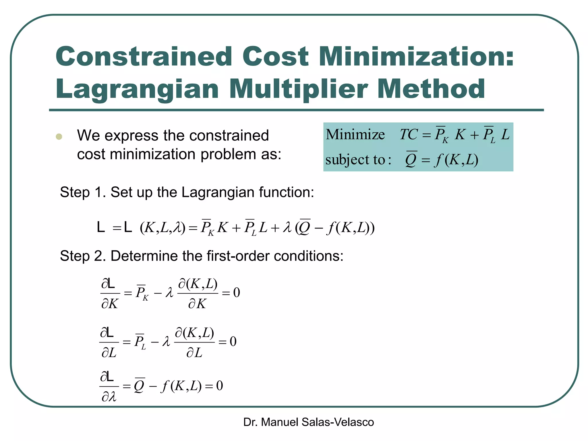 Dr. Manuel Salas-Velasco
Constrained Cost Minimization:
Lagrangian Multiplier Method
 We express the constrained
cost minimization problem as: ),(:tosubject
Minimize
LKfQ
LPKPTC LK


Step 1. Set up the Lagrangian function:
)),((),,( LKfQLPKPLK LK  LL
Step 2. Determine the first-order conditions:
0
),(






K
LK
P
K
K 
L
0
),(






L
LK
P
L
L 
L
0),( 


LKfQ

L
 