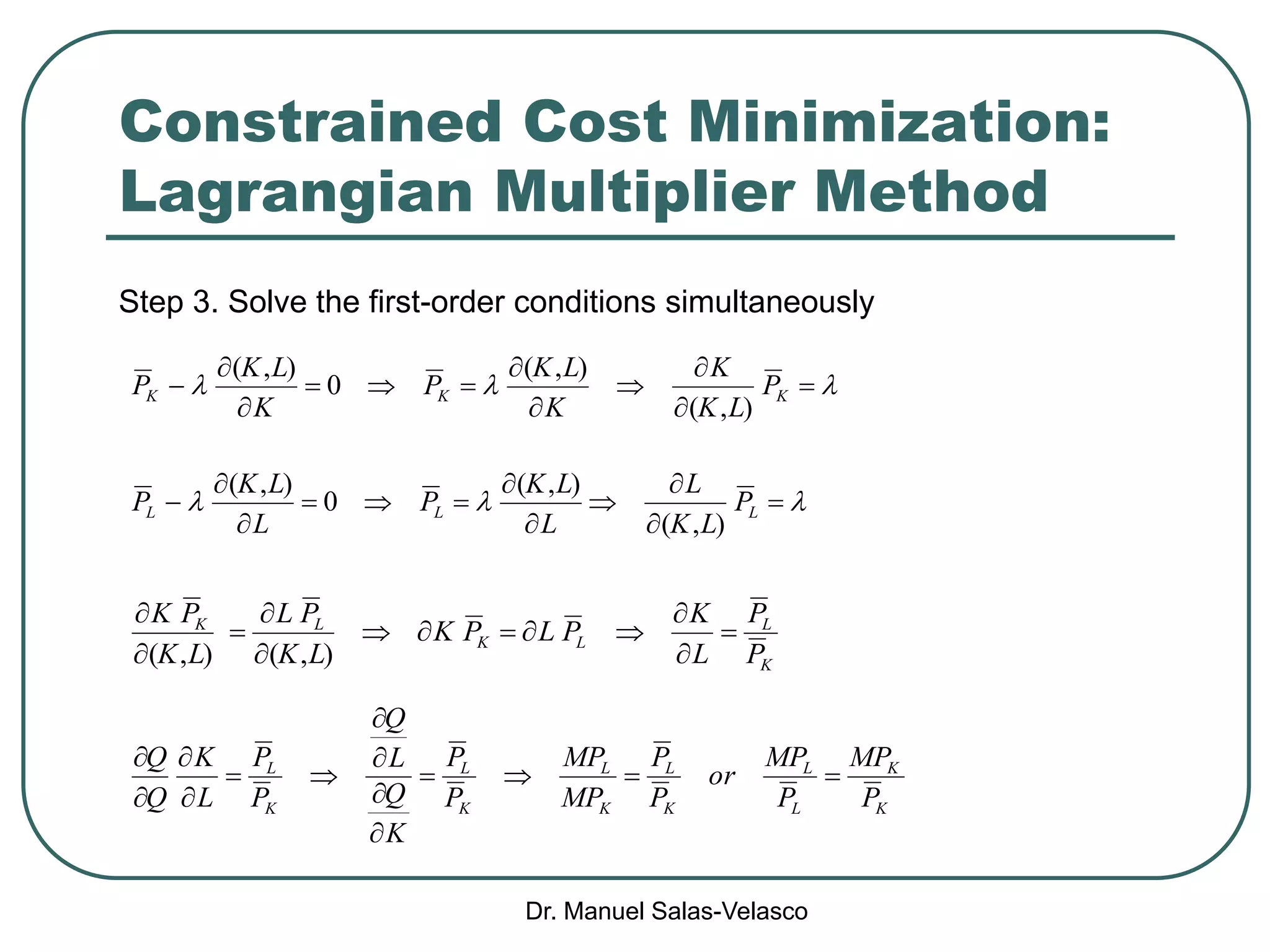 Dr. Manuel Salas-Velasco
Constrained Cost Minimization:
Lagrangian Multiplier Method
 








 KKK P
LK
K
K
LK
P
K
LK
P
),(
),(
0
),(
 








 LLL P
LK
L
L
LK
P
L
LK
P
),(
),(
0
),(
K
L
LK
LK
P
P
L
K
PLPK
LK
PL
LK
PK









),(),(
Step 3. Solve the first-order conditions simultaneously
K
K
L
L
K
L
K
L
K
L
K
L
P
MP
P
MP
or
P
P
MP
MP
P
P
K
Q
L
Q
P
P
L
K
Q
Q










 