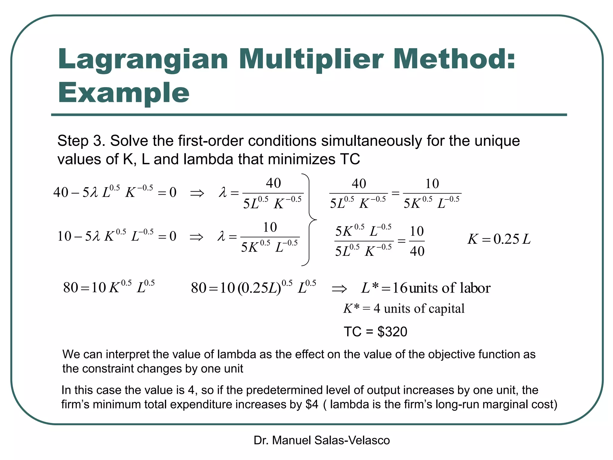 Dr. Manuel Salas-Velasco
Lagrangian Multiplier Method:
Example
LK 25.0
5.05.05.05.0
5
10
5
40


LKKL
40
10
5
5
5.05.0
5.05.0


KL
LK
Step 3. Solve the first-order conditions simultaneously for the unique
values of K, L and lambda that minimizes TC
5.05.0
5.05.0
5
40
0540 


KL
KL 
5.05.0
5.05.0
5
10
0510 


LK
LK 
5.05.0
1080 LK laborofunits16*)25.0(1080 5.05.0
 LLL
K* = 4 units of capital
We can interpret the value of lambda as the effect on the value of the objective function as
the constraint changes by one unit
In this case the value is 4, so if the predetermined level of output increases by one unit, the
firm’s minimum total expenditure increases by $4
TC = $320
( lambda is the firm’s long-run marginal cost)
 