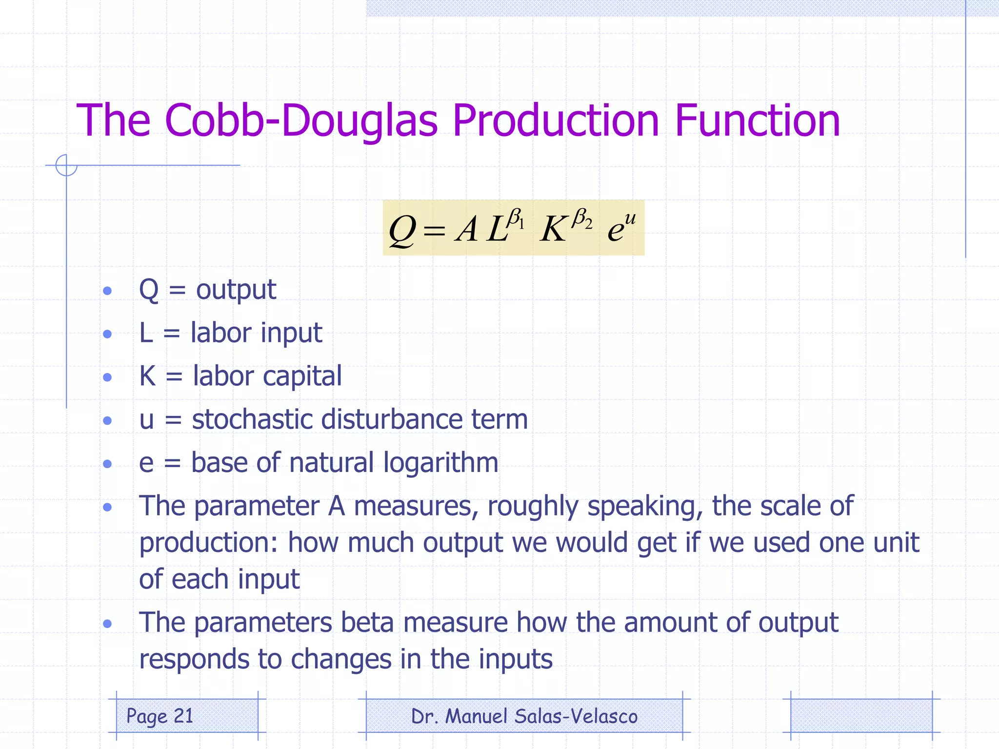 The Cobb-Douglas Production Function
u
eKLAQ 21 

• Q = output
• L = labor input
• K = labor capital
• u = stochastic disturbance term
• e = base of natural logarithm
• The parameter A measures, roughly speaking, the scale of
production: how much output we would get if we used one unit
of each input
• The parameters beta measure how the amount of output
responds to changes in the inputs
Dr. Manuel Salas-VelascoPage 21
 