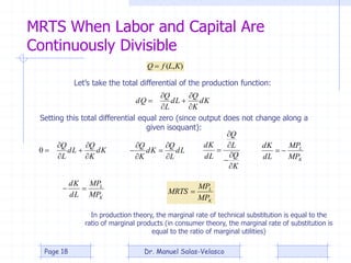 MRTS When Labor and Capital Are
Continuously Divisible
Kd
K
Q
Ld
L
Q
Qd






),( KLfQ 
Kd
K
Q
Ld
L
Q





0
Let’s take the total differential of the production function:
Setting this total differential equal zero (since output does not change along a
given isoquant):
Ld
L
Q
Kd
K
Q






K
Q
L
Q
Ld
Kd






K
L
MP
MP
Ld
Kd

K
L
MP
MP
Ld
Kd

K
L
MP
MP
MRTS 
In production theory, the marginal rate of technical substitution is equal to the
ratio of marginal products (in consumer theory, the marginal rate of substitution is
equal to the ratio of marginal utilities)
Dr. Manuel Salas-VelascoPage 18
 