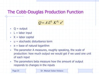 The Cobb-Douglas Production Function
u
eKLAQ 21 

• Q = output
• L = labor input
• K = labor capital
• u = stochastic disturbance term
• e = base of natural logarithm
• The parameter A measures, roughly speaking, the scale of
production: how much output we would get if we used one unit
of each input
• The parameters beta measure how the amount of output
responds to changes in the inputs
Dr. Manuel Salas-VelascoPage 21
 