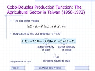 Cobb-Douglas Production Function: The
Agricultural Sector in Taiwan (1958-1972)
• The log-linear model:
• Regression by the OLS method:
iiii uXXY  33220 lnln 
iii XXY 32 ln490.0ln499.1338.3ˆln 
output elasticity
of labor
output elasticity
of capital
1.989
increasing returns to scale
d = 0.891
** **
** Significant at 5%-level
Dr. Manuel Salas-VelascoPage 25
 