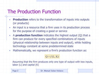 The Production Function
• Production refers to the transformation of inputs into outputs
(or products)
• An input is a res...