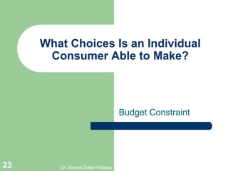 What Choices Is an Individual
Consumer Able to Make?
Budget Constraint
Dr. Manuel Salas-Velasco23
 
