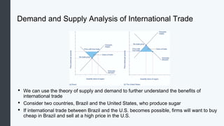 Demand and Supply Analysis of International Trade
• We can use the theory of supply and demand to further understand the benefits of
international trade
• Consider two countries, Brazil and the United States, who produce sugar
• If international trade between Brazil and the U.S. becomes possible, firms will want to buy
cheap in Brazil and sell at a high price in the U.S.
 