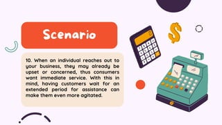 10. When an individual reaches out to
your business, they may already be
upset or concerned, thus consumers
want immediate service. With this in
mind, having customers wait for an
extended period for assistance can
make them even more agitated.
Scenario
 