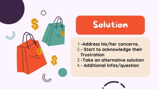 -Address his/her concerns.
1.
- Start to acknowledge their
frustration
2.
-Take an alternative solution
3.
- Additional infos/question
4.
Solution
 