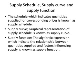 Supply Schedule, Supply curve and
Supply function
• The schedule which indicates quantities
supplied for corresponding prices is known as
supply schedule.
• Supply curve; Graphical representation of
supply schedule is known as supply curve.
• Supply function: The algebraic expression
which indicate the relation ship between
quantities supplied and factors influencing
supply is known as supply function.
 