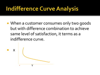  When a customer consumes only two goods
but with difference combination to achieve
same level of satisfaction, it terms as a
indifference curve.
 x
 Y
 