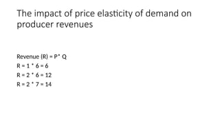 The impact of price elasticity of demand on
producer revenues
Revenue (R) = P* Q
R = 1 * 6 = 6
R = 2 * 6 = 12
R = 2 * 7 = 14
 